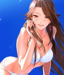 Rule 34 | 1girl, :d, akiyoshi haru, bare shoulders, bent over, bikini, blue sky, blush, breasts, brown eyes, brown hair, cleavage, commentary request, day, eyes visible through hair, female focus, fingernails, granblue fantasy, holding, holding hair, katalina (granblue fantasy), large breasts, leaning forward, long hair, looking at viewer, nail polish, open mouth, outdoors, sky, smile, solo, swimsuit, white bikini