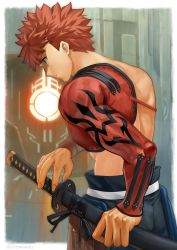 Rule 34 | 1boy, absurdres, drawing sword, emiya shirou, fate/grand order, fate (series), fighting stance, highres, holding, holding sword, holding weapon, japanese clothes, katana, limited/zero over, male focus, moto (otemoto02), muscular, orange hair, pectorals, revealing clothes, senji muramasa (fate), sheath, topless male, solo, sword, toned, toned male, unsheathing, weapon, yellow eyes