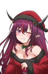 Rule 34 | 1girl, absurdres, bare shoulders, blush, breasts, cleavage, collarbone, grin, hat, highres, hololive, hololive english, irys (hololive), jan azure, large breasts, long hair, long sleeves, looking at viewer, nail polish, one eye closed, parted lips, pink nails, purple eyes, red hair, red hat, santa costume, santa hat, smile, solo, teeth, virtual youtuber