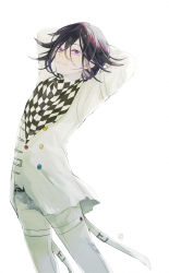 Rule 34 | 1boy, arms behind head, belt, black belt, black hair, black scarf, buttons, checkered clothes, checkered scarf, commentary request, danganronpa (series), danganronpa v3: killing harmony, double-breasted, flipped hair, gyi (xxxid4), highres, jacket, long sleeves, looking at viewer, male focus, oma kokichi, pants, pink eyes, pink hair, scarf, simple background, smile, solo, torn clothes, torn jacket, white background, white jacket, white pants, white scarf