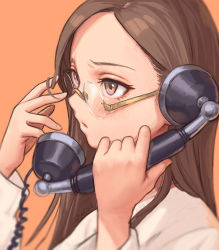 Rule 34 | 1girl, bad id, bad pixiv id, brown eyes, brown hair, glasses, hands up, holding, holding phone, kozato (yu kozato), long hair, long sleeves, orange background, original, parted lips, phone, portrait, shadow, shirt, simple background, solo, talking on phone, white shirt