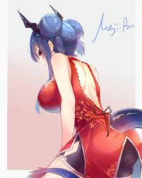 Rule 34 | 1girl, annoyed, arknights, ass, back cutout, backless dress, backless outfit, bare arms, bare shoulders, black ribbon, black shorts, blue hair, breasts, ch&#039;en (ageless afterglow) (arknights), ch&#039;en (arknights), china dress, chinese clothes, clenched teeth, clothing cutout, commentary, cowboy shot, double bun, dragon horns, dragon tail, dress, facing away, from behind, gradient background, grey background, hair bun, horns, impossible clothes, impossible dress, large breasts, looking at viewer, looking back, nejikyuu, official alternate costume, pink background, red dress, red eyes, ribbon, shorts, sidelocks, sleeveless, sleeveless dress, solo, standing, tail, tail through clothes, teeth