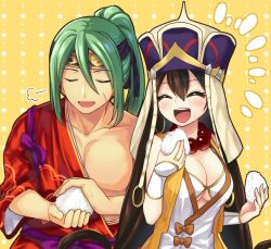 Rule 34 | 1boy, 1girl, bead necklace, beads, bikini, breasts, brown hair, cleavage, earrings, eating, fate/grand order, fate (series), food, food on face, green hair, hat, hoop earrings, japanese clothes, jewelry, large breasts, long hair, nakamura hinato, necklace, off shoulder, onigiri, open mouth, pectorals, ponytail, rice, rice on face, scar, swimsuit, tawara touta (fate), underboob, white bikini, xuangzang sanzang (fate)