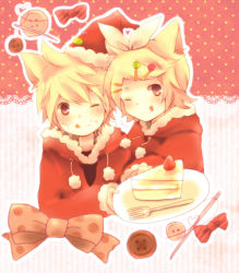 Rule 34 | 1boy, 1girl, animal ears, brother and sister, cake, cat ears, food, kagamine len, kagamine rin, kemonomimi mode, looking at viewer, one eye closed, short hair, siblings, smile, tenma (xxx), twins, vocaloid, wink