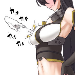Rule 34 | 10s, bare shoulders, black hair, blush, breast poke, elbow gloves, gloves, head out of frame, kantai collection, long hair, nagato (kancolle), navel, nirohi, poking, solo