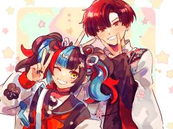 Rule 34 | 1boy, 1girl, black collar, black hair, black nails, black sailor collar, blue hair, bow, bowl cut, collar, commentary request, double v, earrings, fate/grand order, fate (series), grin, hair bow, jacket, jewelry, multicolored hair, one eye closed, orizu lm, red hair, sailor collar, sei shounagon (fate), sleeves past wrists, smile, star (symbol), takasugi shinsaku (fate), twintails, v, white jacket