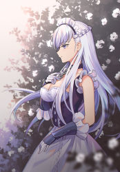Rule 34 | 1girl, arm guards, azur lane, belfast (azur lane), blurry, blush, braid, breasts, chain, cleavage, closed mouth, corset, depth of field, elbow gloves, flower, french braid, from side, gloves, grey hair, hand on own chest, lazuri7, long hair, maid headdress, medium breasts, purple eyes, skirt, sleeveless, smile, solo, upper body, white gloves, white skirt