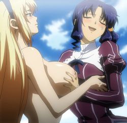 Rule 34 | 2girls, blonde hair, blue hair, grabbing another&#039;s breast, breasts, closed eyes, freezing (series), grabbing, highres, large breasts, long hair, multiple girls, nipples, ponytail, rana linchen, satellizer el bridget, school uniform, smile, standing, stitched, tattoo, third-party edit, topless, yuri
