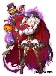 Rule 34 | 1girl, :d, asymmetrical legwear, black hat, black skirt, breasts, brown footwear, cape, cleavage, coffin, flower knight girl, full body, gloves, halloween, hat, jack-o&#039;-lantern, large breasts, leaf, legs apart, looking at viewer, mismatched legwear, nakaishow, official art, open mouth, orange eyes, pumpkin, scythe, shoes, short hair, side ponytail, simple background, skirt, smile, solo, standing, striped clothes, striped thighhighs, thighhighs, top hat, torn clothes, torn thighhighs, vertical-striped clothes, vertical-striped thighhighs, warunasubi (flower knight girl), white background, white gloves, white hair