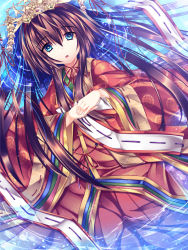 Rule 34 | 1girl, :o, blue eyes, brown hair, crown, highres, japanese clothes, kimono, layered clothes, layered kimono, light particles, looking at viewer, original, roshin, solo