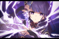 Rule 34 | 1girl, blunt bangs, bow, bowtie, braid, breasts, cleavage, commentary request, detached collar, genshin impact, highres, holding, holding sword, holding weapon, human scabbard, japanese clothes, lightning, long hair, looking at viewer, low ponytail, mitsudomoe (shape), mole, mole under eye, nail polish, nghbr, parted lips, purple eyes, purple hair, raiden shogun, sidelocks, single braid, solo, sword, tomoe (symbol), weapon, wide sleeves
