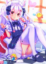 Rule 34 | 1girl, absurdres, ahoge, alternate costume, animal print, apron, azur lane, bird, black footwear, black ribbon, blurry, blush stickers, bottle, bow, checkered floor, chick, commentary request, cushion, depth of field, eating, enmaided, food, food on face, hair between eyes, hair bow, hair ornament, hair ribbon, hairpin, heart, highres, holding, holding food, kyarameru76, laffey (azur lane), long hair, looking at viewer, macaron, maid, maid apron, maid headdress, manjuu (azur lane), mary janes, milk, milk bottle, panties, pantyshot, pleated skirt, rabbit print, red eyes, ribbon, shoes, sitting, skirt, striped clothes, striped panties, thighhighs, translation request, twintails, underwear, white hair, white thighhighs, window, wrist cuffs