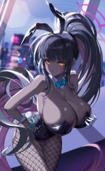 Rule 34 | 1girl, 2v (joyeong), absurdres, animal ears, bare shoulders, black hair, black leotard, blue archive, bow, bowtie, breasts, cleavage, collar, curvy, dark-skinned female, dark skin, fake animal ears, fishnet legwear, fishnets, highleg, highleg leotard, highres, karin (blue archive), karin (bunny) (blue archive), large breasts, leaning forward, legs together, leotard, navel, official alternate costume, playboy bunny, ponytail, rabbit ears, rabbit tail, skin tight, skindentation, solo, tail, thick thighs, thigh gap, thighs, wide hips, yellow eyes