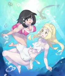 Rule 34 | 2girls, air bubble, bikini, black eyes, black hair, blonde hair, braid, breasts, bubble, covered erect nipples, creatures (company), freediving, french braid, game freak, green eyes, highres, large breasts, lillie (pokemon), long hair, mizuumi (bb), multiple girls, nintendo, one-piece swimsuit, open mouth, pokemon, pokemon sm, selene (pokemon), short hair, swimming, swimsuit, underwater