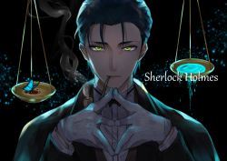 Rule 34 | 1boy, backlighting, balance scale, black hair, bow, bowtie, bug, butterfly, dress shirt, fate/grand order, fate (series), formal, gloves, green eyes, highres, bug, jacket, looking at viewer, male focus, smoking pipe, sherlock holmes (fate), shirt, solo, steepled fingers, weighing scale, white gloves, yamabuki0211