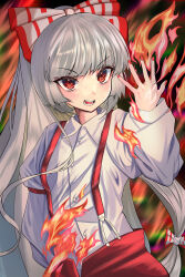 Rule 34 | 1girl, absurdres, blunt bangs, bow, collared shirt, commentary, fire, fujiwara no mokou, grey hair, hair bow, highres, long hair, long sleeves, looking at viewer, nyarocks, open mouth, pants, red eyes, red nails, red pants, shirt, solo, suspenders, touhou, upper body, v-shaped eyebrows, white bow, white shirt