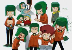 Rule 34 | 3boys, :p, absurdres, anger vein, angry, black pants, brothers, child, chromatic aberration, closed mouth, comb, brushing hair, eric cartman, closed eyes, gloves, green headwear, hat, highres, ike broflovski, jacket, kyle broflovski, lying, mr. hankey, multiple boys, neckerchief, open mouth, orange jacket, oxygen mask, pants, red jacket, siblings, simple background, sink, smile, south park, standing, tairiku, tongue, tongue out, white background, yellow neckerchief
