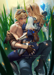 Rule 34 | 1boy, 1girl, ass, ass grab, black hairband, blonde hair, bodysuit, breasts, brown jacket, ezreal, fingerless gloves, gauntlets, gloves, goggles, goggles on head, grass, hairband, highres, jacket, league of legends, looking at another, lux (league of legends), medium breasts, medium hair, paid reward available, pants, patreon username, short hair, single fingerless glove, single gauntlet, statue, tall grass, tearing clothes, torn bodysuit, torn clothes, zarory
