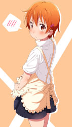 Rule 34 | 1girl, apron, black skirt, blush, brown apron, brown background, brown eyes, closed mouth, collared shirt, drop shadow, frilled apron, frills, hair between eyes, hair ornament, hairclip, inami mahiru, jabittoson, looking at viewer, looking back, orange hair, shirt, short hair, short sleeves, skirt, solo, spoken blush, two-tone background, v-shaped eyebrows, wagnaria uniform, waitress, white background, white shirt, working!!