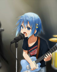Rule 34 | 10s, 1girl, alternate costume, band, blue eyes, blue hair, casual, collarbone, guitar, hair ornament, hairclip, instrument, kagiana, mahou shoujo madoka magica, mahou shoujo madoka magica (anime), matching hair/eyes, microphone, microphone stand, miki sayaka, on stage, open mouth, performance, short hair, solo, sweat