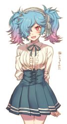 Rule 34 | 1girl, alternate costume, blue hair, blush, contemporary, fire emblem, fire emblem fates, hair over one eye, kikugetsu, meme attire, multicolored hair, nintendo, open mouth, peri (fire emblem), pink eyes, pink hair, simple background, solo, translation request, twintails, two-tone hair, virgin killer outfit