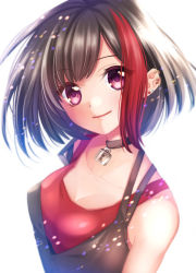 Rule 34 | 1girl, bang dream!, black collar, black hair, black tank top, bob cut, breasts, cleavage, collar, collarbone, commentary request, ear piercing, earrings, highres, jewelry, layered clothes, lock, looking at viewer, medium breasts, mitake ran, multicolored hair, padlock, padlocked collar, piercing, purple eyes, red hair, red tank top, short hair, smile, solo, streaked hair, tank top, tsurugi hikaru, upper body, white background