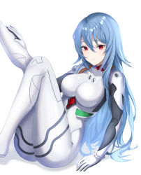 Rule 34 | 1girl, absurdres, alternate hairstyle, ayanami rei, blue hair, bodysuit, breasts, closed mouth, hand on floor, highres, leg up, long hair, long sleeves, looking at viewer, medium breasts, neon genesis evangelion, on floor, plugsuit, raurashun, red eyes, smile, solo, tight clothes, white background, white bodysuit