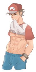 Rule 34 | 1boy, abs, aper, baseball cap, brown hair, clothes lift, creatures (company), denim, game freak, hands in pockets, hat, jeans, male focus, mouth hold, muscular, navel, nintendo, pants, pectorals, pokemon, pokemon sm, pubic hair, red (pokemon), red (pokemon sm), shirt lift, simple background, solo, tan, unbuttoned, white background, z-ring