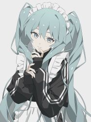 Rule 34 | 1girl, alternate costume, apron, aqua eyes, aqua hair, azuki (ckxs7444), black jacket, closed mouth, frilled apron, frills, grey background, hair between eyes, hatsune miku, highres, jacket, jersey maid, long hair, long sleeves, looking at viewer, maid, maid apron, maid headdress, simple background, smile, solo, twintails, unconventional maid, upper body, very long hair, vocaloid, waist apron, white apron