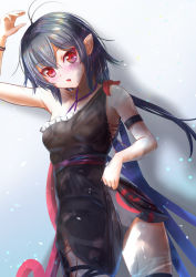 Rule 34 | 1girl, adapted costume, arm up, asymmetrical wings, black dress, black hair, blue wings, blush, bracelet, breasts, commentary request, cowboy shot, dress, dutch angle, frilled dress, frills, hair between eyes, highres, houjuu nue, jewelry, light particles, long hair, looking at viewer, medium breasts, open mouth, pointy ears, red eyes, red wings, shadow, skirt hold, sleeveless, sleeveless dress, solo, touhou, white background, wings, yakkyokuya