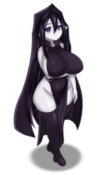 Rule 34 | 1girl, banshee (monster girl encyclopedia), black hair, black thighhighs, blue eyes, blush, breasts, closed mouth, commentary, hair between eyes, highres, large breasts, long hair, looking at viewer, monster girl encyclopedia, nav (itsnav), pale skin, pelvic curtain, pointy ears, shortstack, skull, solo, thighhighs