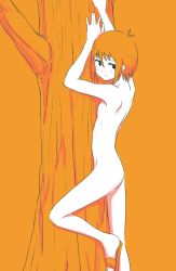 Rule 34 | 1girl, antenna hair, arms up, ass, black eyes, blush, closed mouth, expressionless, female focus, flat chest, from side, highres, leg up, looking to the side, monochrome, no socks, nude, hugging object, orange background, orange hair, orange theme, original, plant, sandals, shokubai phantom girl, short hair, shoulder blades, simple background, solo, standing, standing on one leg, tree