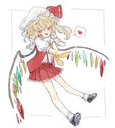 Rule 34 | 1girl, ascot, bat wings, blonde hair, crystal, flandre scarlet, full body, hat, hat ribbon, heart, mob cap, multicolored wings, one side up, osakanadream, puffy short sleeves, puffy sleeves, red eyes, red skirt, red vest, ribbon, short sleeves, side ponytail, skirt, skirt set, solo, touhou, vest, white hat, wings, yellow ascot