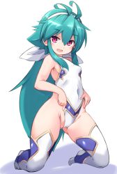 Rule 34 | 1girl, :d, antenna hair, bare arms, bare shoulders, blush, breasts, cameltoe, colored shadow, covered navel, fingernails, gluteal fold, green hair, groin, hair between eyes, hair ribbon, hairband, highleg, highleg leotard, highres, karukan (monjya), kneeling, leotard, long hair, looking at viewer, no shoes, open mouth, red eyes, ribbon, round teeth, shadow, shinrabanshou, shizuku (shinrabanshou), small breasts, smile, solo, teeth, thighhighs, upper teeth only, very long hair, white background, white hairband, white leotard, white ribbon, white thighhighs