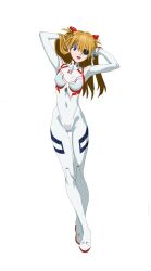 Rule 34 | 1girl, artist request, blue eyes, bodysuit, breasts, brown hair, covered navel, evangelion: 3.0+1.0 thrice upon a time, eyepatch, from above, full body, hair between eyes, hair ornament, hand in own hair, hand on own hip, highres, interface headset, long hair, looking at viewer, medium breasts, neon genesis evangelion, open mouth, pilot suit, plugsuit, rebuild of evangelion, shiny skin, simple background, skin tight, smile, solo, souryuu asuka langley, white background, white bodysuit