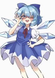 Rule 34 | 1girl, adjusting eyewear, bespectacled, blue bow, blue dress, blue eyes, blue hair, blush, bow, breasts, cirno, collared shirt, detached wings, dress, feet out of frame, glasses, hair between eyes, hair bow, hand on own hip, highres, ice, ice wings, ichinose hinata, looking at viewer, neck ribbon, one eye closed, open mouth, pinafore dress, red-framed eyewear, red ribbon, ribbon, semi-rimless eyewear, shirt, simple background, sleeveless, sleeveless dress, small breasts, smile, solo, teeth, touhou, under-rim eyewear, upper teeth only, white background, white shirt, wings