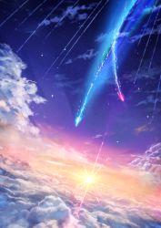 Rule 34 | 10s, above clouds, cloud, comet, diffraction spikes, dutch angle, highres, kimi no na wa., lens flare, no humans, scenery, sky, star (sky), starry sky, sue (frederica--bernkastel), twilight