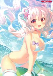 Rule 34 | 1girl, absurdres, artist name, beach, bikini, blue sky, blush, bow, breasts, collarbone, day, fang, floating hair, gloves, hair ornament, highres, large breasts, leaning forward, long hair, looking at viewer, matthew (mitsumomo mamu), melonbooks, mitsumomo mamu, navel, ocean, open mouth, original, outdoors, polka dot, polka dot bow, red eyes, side-tie bikini bottom, sitting, sky, smile, solo, sparkle, star (symbol), star hair ornament, stomach, swimsuit, thighhighs, very long hair, water, white background, white bikini, white gloves, white hair, white thighhighs, wind