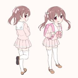 Rule 34 | 1girl, :d, :p, backpack, bag, blush, bow, brown background, brown footwear, brown hair, chitosezaka suzu, closed mouth, collarbone, commentary request, hair between eyes, hair bow, hair ornament, leaning forward, long hair, long sleeves, multiple views, open mouth, original, pink bow, pink serafuku, pink shirt, pink skirt, plaid, plaid bow, pleated skirt, randoseru, red eyes, sailor collar, school uniform, serafuku, shirt, shoes, sideways mouth, simple background, skirt, smile, standing, standing on one leg, star (symbol), star hair ornament, thighhighs, tongue, tongue out, twintails, white sailor collar, white thighhighs