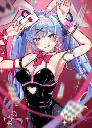 Rule 34 | 1girl, :q, absurdres, ace (playing card), ace of hearts, animal ears, bare shoulders, black leotard, blurry, blurry foreground, blush, bow, bowtie, breasts, card, cleavage, clothing cutout, cross3120, cutout above navel, detached collar, fake animal ears, fishnet pantyhose, fishnets, hair ornament, hairband, hatsune miku, heart, heart cutout, heart hair ornament, heart in eye, highres, holding, holding card, leotard, medium breasts, motion blur, necktie, pantyhose, pink background, pink bow, pink bowtie, pink necktie, pink ribbon, playboy bunny, playing card, rabbit ears, rabbit hair ornament, rabbit hole (vocaloid), ribbon, solo, spaghetti strap, symbol in eye, tongue, tongue out, vocaloid, white hairband