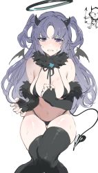 Rule 34 | 1girl, absurdres, alternate costume, bat wings, black bra, black panties, black thighhighs, blue archive, blush, bra, breasts, claw pose, demon, demon horns, demon tail, detached sleeves, flustered, fur, fur trim, grimace, halloween, halloween costume, halo, highres, horns, long hair, looking at viewer, medium breasts, midriff, navel, open mouth, panties, purple eyes, purple hair, revealing clothes, short twintails, simple background, stomach, sweat, tail, thick thighs, thighhighs, thighs, twintails, underwear, urosu (678 ner), white background, wings, yuuka (blue archive)