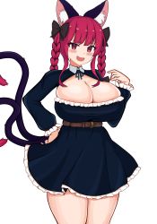 Rule 34 | 1girl, :d, absurdres, animal ear fluff, animal ears, belt, black bow, black tail, blunt bangs, blush, bow, braid, breasts, cat ears, cleavage, dress, fang, frills, hand on own hip, hand up, highres, huge breasts, kaenbyou rin, long sleeves, looking at viewer, multiple tails, nekomata, ody kishi, open mouth, red eyes, red hair, sidelocks, simple background, smile, solo, tail, thighs, touhou, twin braids, two tails, white background