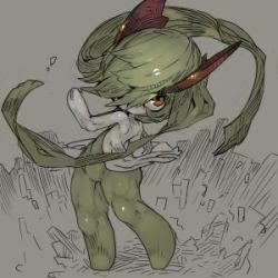 Rule 34 | 1girl, colored skin, creatures (company), female focus, flat chest, full body, game freak, gen 3 pokemon, green hair, green skin, grey background, hair over one eye, hands up, heel up, kirlia, long hair, looking up, lowres, multicolored skin, nintendo, one eye covered, oyama yoihaya, pokemon, pokemon (creature), red eyes, sidelocks, solo, standing, thick thighs, thighs, two-tone skin, very long hair, white skin