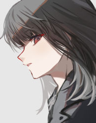 Rule 34 | 1girl, akutsu lucifer maaya, assault lily, black hair, black jacket, commentary, from side, grey background, hair between eyes, highres, jacket, long hair, looking at viewer, looking to the side, parted lips, portrait, profile, red eyes, sideways glance, simple background, sketch, solo, tareko