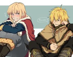 Rule 34 | 2boys, androgynous, armor, blonde hair, blue eyes, blush, boots, brown eyes, canute, cape, chainmail, clenched teeth, crossed arms, embarrassed, eyebrows, eyelashes, flirting, fur collar, fur trim, hand on head, heart, long hair, looking at another, male focus, messy hair, multiple boys, open mouth, prince, sidelocks, simple background, sitting, speech bubble, sweat, teasing, teeth, thorfinn, viking, vinland saga, warrior, yaoi, yukima123