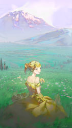 Rule 34 | 1girl, basket, blonde hair, commentary, day, dress, english commentary, flower, grass, green eyes, head tilt, highres, holding, holding flower, looking at viewer, mallllma, mountain, original, outdoors, parted lips, ponytail, purple sky, scenery, signature, sitting, sky, solo, yellow dress, yellow flower