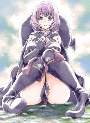 Rule 34 | 10s, 1girl, armor, armored boots, artist name, bare shoulders, between legs, black footwear, blush, boots, breasts, brooch, cape, eyebrows, fingerless gloves, full body, gem, giant, giantess, gloves, hai to gensou no grimgar, hat, huge giantess, jewelry, knee boots, knees together feet apart, large breasts, light purple hair, looking at viewer, open mouth, purple eyes, shihoru (grimgar), short hair, sitting, solo, thigh boots, thighhighs, thighs, torajimaneko