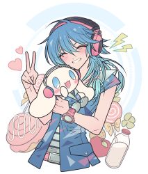 Rule 34 | 1boy, absurdres, apple, blue hair, blue jacket, blush, bottle, candy, cinnamon roll, cinnamoroll, closed eyes, clover, cropped torso, crossover, dramatical murder, facing viewer, food, four-leaf clover, fruit, hair between eyes, hand up, headphones, heart, highres, holding, holding stuffed toy, jacket, lollipop, long hair, male focus, meremero, milk bottle, open mouth, red apple, sanrio, seragaki aoba, smile, stuffed toy, swirl lollipop, upper body, v, watch, wristwatch