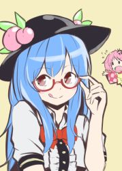 Rule 34 | 2girls, :q, anger vein, bespectacled, black hat, blue hair, blush stickers, bow, bowtie, flying sweatdrops, food, fruit, glasses, hair bobbles, hair ornament, hat, hat leaf, hinanawi tenshi, kuroto2009, light brown background, long hair, looking to the side, motoori kosuzu, multiple girls, peach, pink hair, plaid, plaid shirt, red-framed eyewear, red bow, red bowtie, red eyes, semi-rimless eyewear, shirt, short sleeves, smile, tongue, tongue out, touhou, under-rim eyewear, wide sleeves