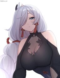 Rule 34 | 1girl, alternate costume, artist name, bare shoulders, blue eyes, breasts, clothing cutout, collarbone, dress, earrings, genshin impact, hair ornament, hair over one eye, jewelry, large breasts, long hair, looking at viewer, low-tied long hair, parted lips, shellvi, shenhe (genshin impact), simple background, solo, tassel, tassel earrings, white background